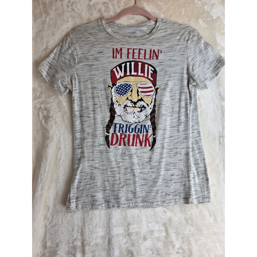 Willie Nelson Graphic T Shirt Womens Grey Marled Im Feelin Willie Friggin Drunk